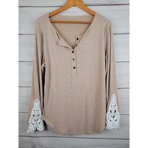Brown Long Lace Sleeve V-Neck Womens Large Fall